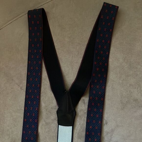 Vintage Austin Reed Navy / Red / Leather trim Suspenders / made in England - Picture 3 of 7